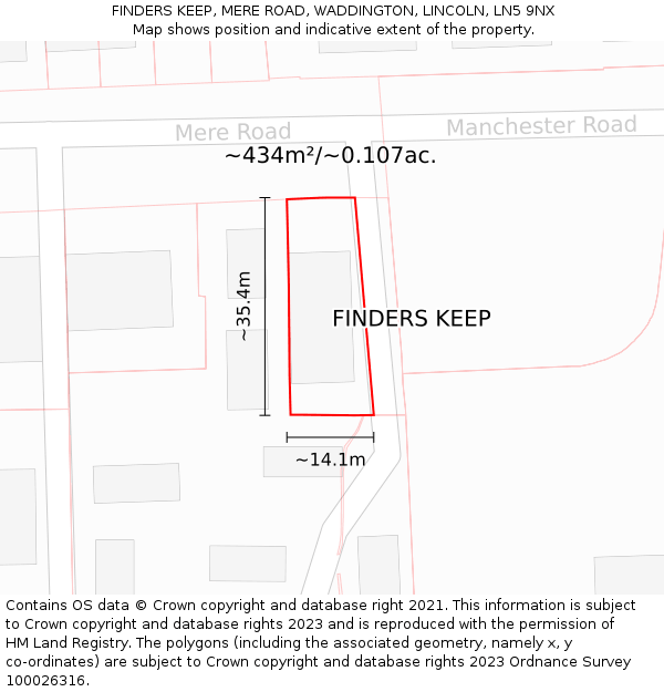 FINDERS KEEP, MERE ROAD, WADDINGTON, LINCOLN, LN5 9NX: Plot and title map