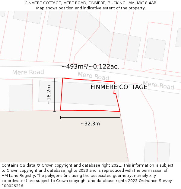 FINMERE COTTAGE, MERE ROAD, FINMERE, BUCKINGHAM, MK18 4AR: Plot and title map
