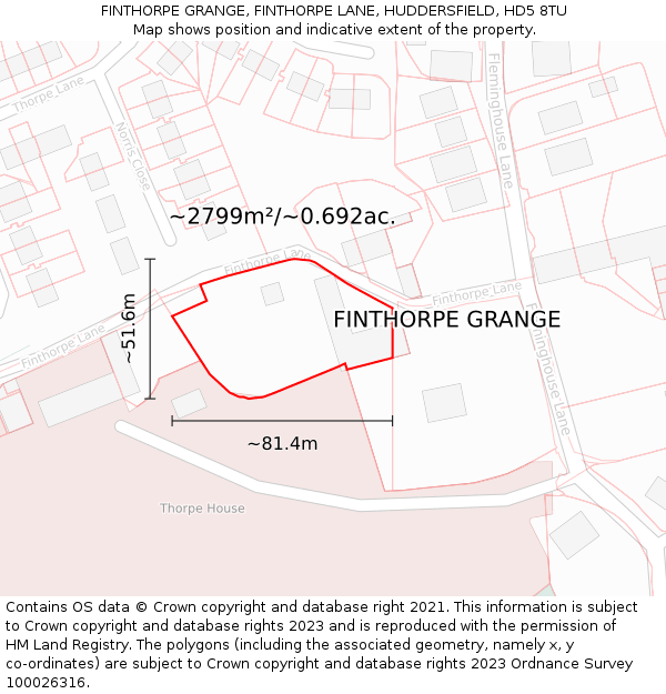 FINTHORPE GRANGE, FINTHORPE LANE, HUDDERSFIELD, HD5 8TU: Plot and title map