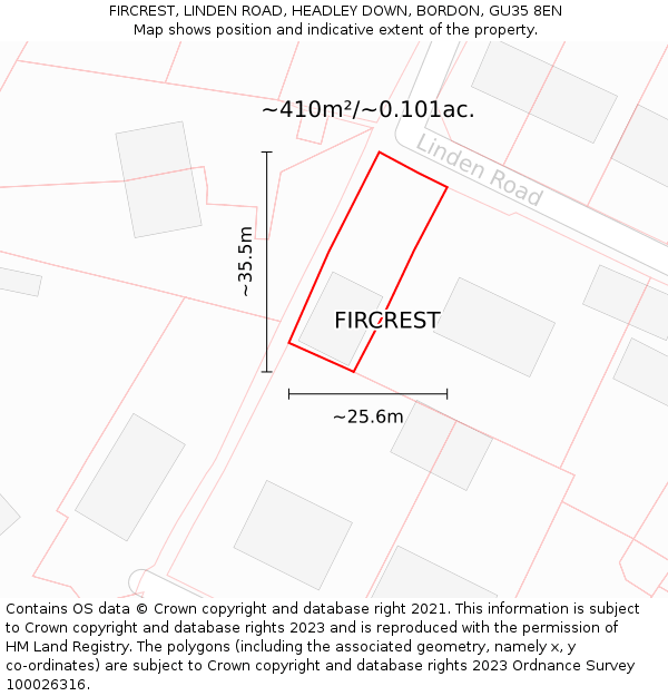 FIRCREST, LINDEN ROAD, HEADLEY DOWN, BORDON, GU35 8EN: Plot and title map