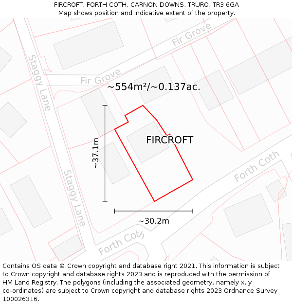FIRCROFT, FORTH COTH, CARNON DOWNS, TRURO, TR3 6GA: Plot and title map