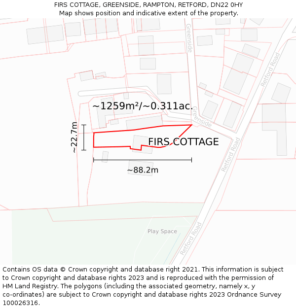 FIRS COTTAGE, GREENSIDE, RAMPTON, RETFORD, DN22 0HY: Plot and title map