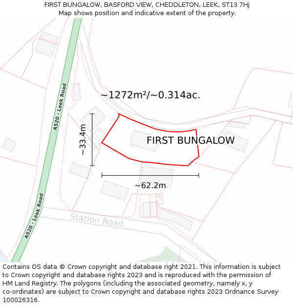 FIRST BUNGALOW, BASFORD VIEW, CHEDDLETON, LEEK, ST13 7HJ: Plot and title map