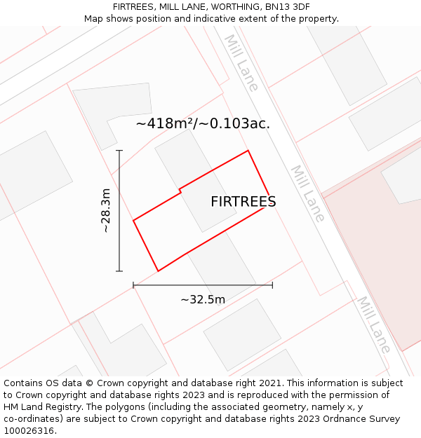 FIRTREES, MILL LANE, WORTHING, BN13 3DF: Plot and title map