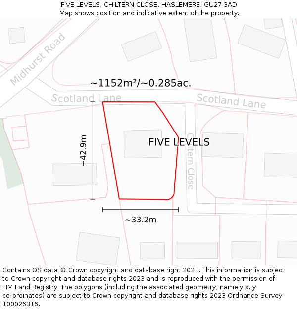 FIVE LEVELS, CHILTERN CLOSE, HASLEMERE, GU27 3AD: Plot and title map