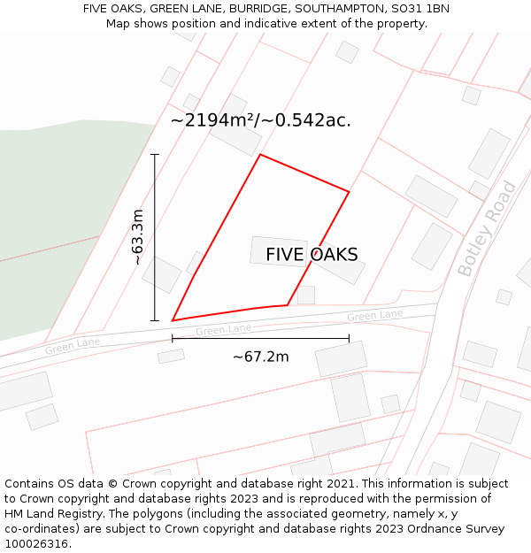 FIVE OAKS, GREEN LANE, BURRIDGE, SOUTHAMPTON, SO31 1BN: Plot and title map