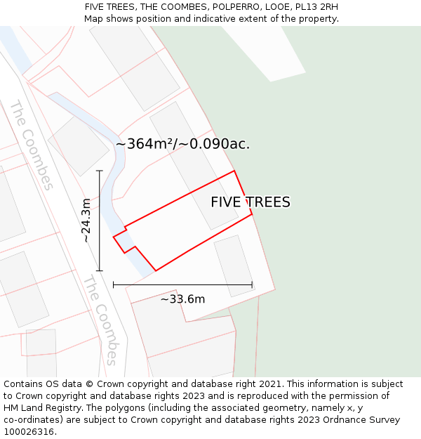 FIVE TREES, THE COOMBES, POLPERRO, LOOE, PL13 2RH: Plot and title map