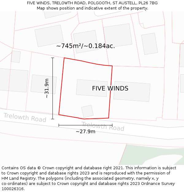 FIVE WINDS, TRELOWTH ROAD, POLGOOTH, ST AUSTELL, PL26 7BG: Plot and title map