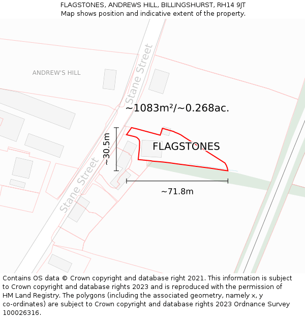 FLAGSTONES, ANDREWS HILL, BILLINGSHURST, RH14 9JT: Plot and title map