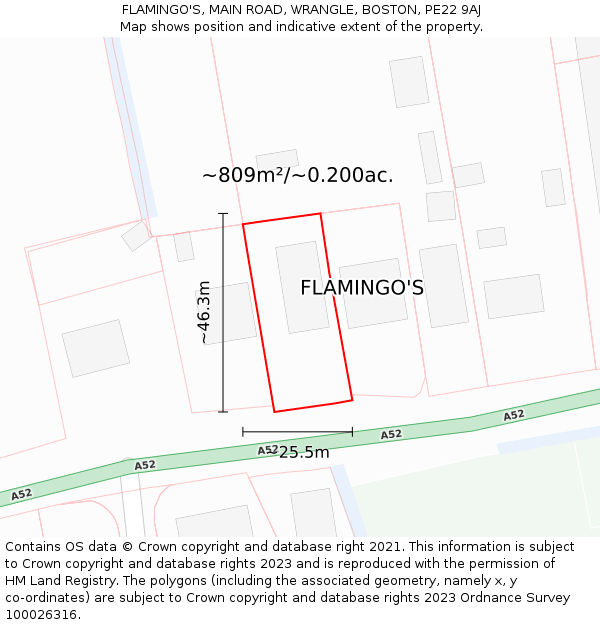 FLAMINGO'S, MAIN ROAD, WRANGLE, BOSTON, PE22 9AJ: Plot and title map