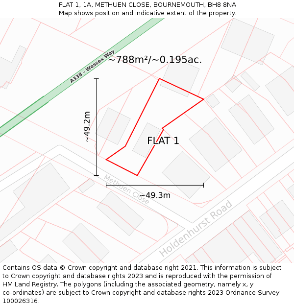 FLAT 1, 1A, METHUEN CLOSE, BOURNEMOUTH, BH8 8NA: Plot and title map