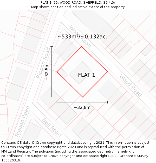 FLAT 1, 95, WOOD ROAD, SHEFFIELD, S6 4LW: Plot and title map