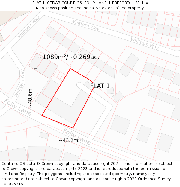 FLAT 1, CEDAR COURT, 36, FOLLY LANE, HEREFORD, HR1 1LX: Plot and title map