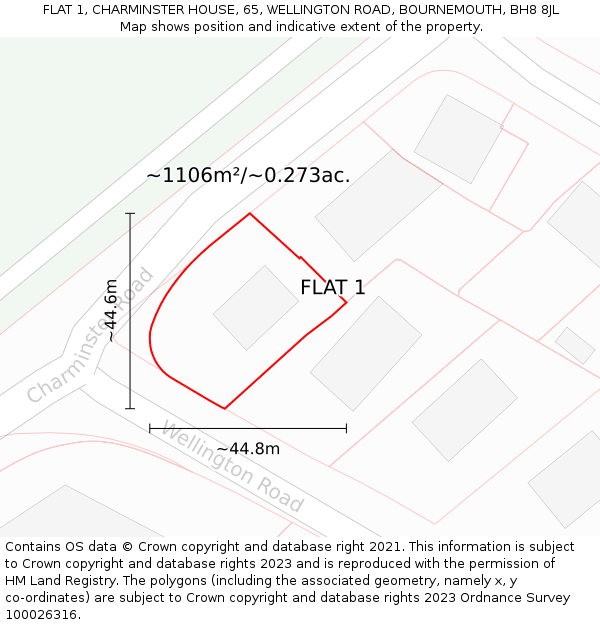 FLAT 1, CHARMINSTER HOUSE, 65, WELLINGTON ROAD, BOURNEMOUTH, BH8 8JL: Plot and title map