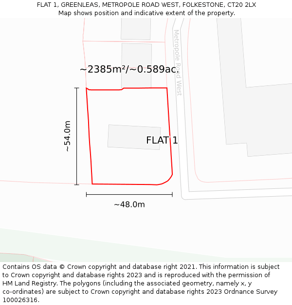 FLAT 1, GREENLEAS, METROPOLE ROAD WEST, FOLKESTONE, CT20 2LX: Plot and title map
