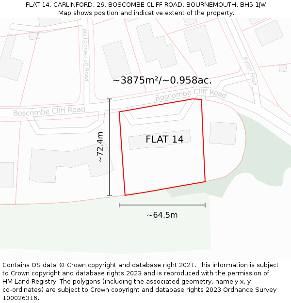 FLAT 14, CARLINFORD, 26, BOSCOMBE CLIFF ROAD, BOURNEMOUTH, BH5 1JW: Plot and title map