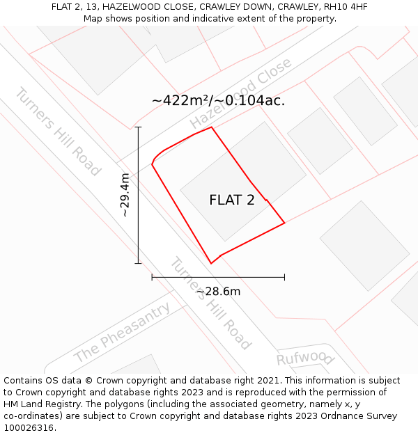 FLAT 2, 13, HAZELWOOD CLOSE, CRAWLEY DOWN, CRAWLEY, RH10 4HF: Plot and title map