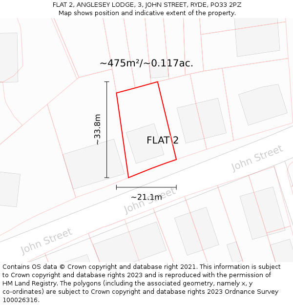 FLAT 2, ANGLESEY LODGE, 3, JOHN STREET, RYDE, PO33 2PZ: Plot and title map