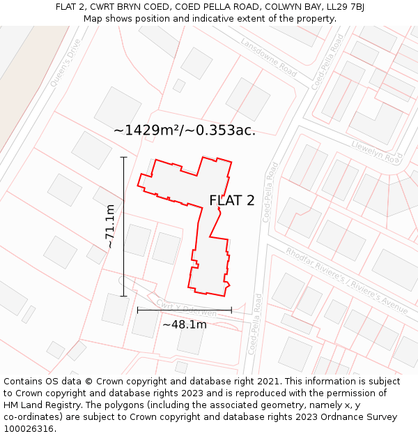 FLAT 2, CWRT BRYN COED, COED PELLA ROAD, COLWYN BAY, LL29 7BJ: Plot and title map