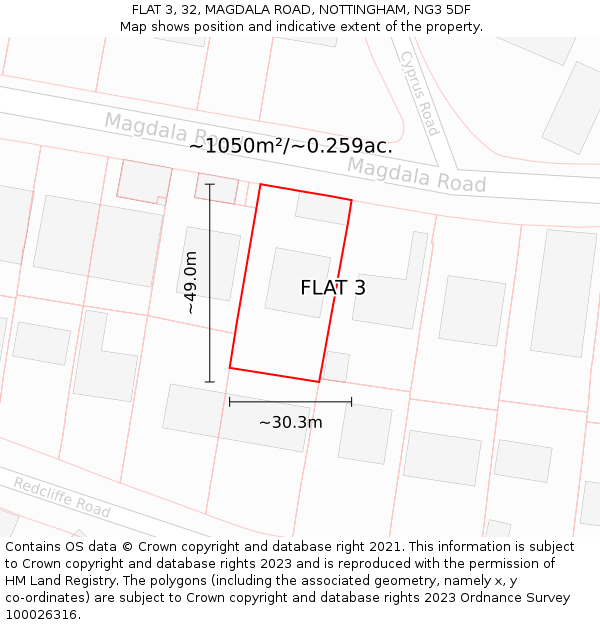 FLAT 3, 32, MAGDALA ROAD, NOTTINGHAM, NG3 5DF: Plot and title map