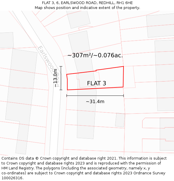 FLAT 3, 6, EARLSWOOD ROAD, REDHILL, RH1 6HE: Plot and title map