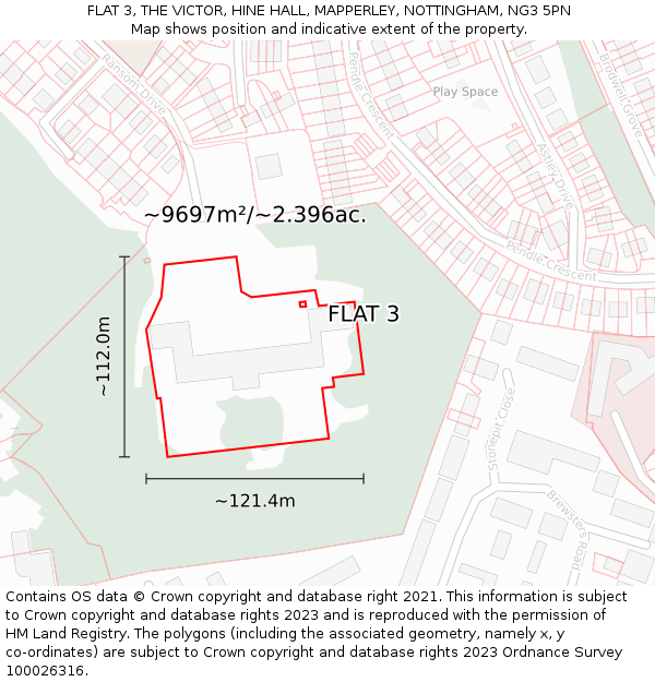 FLAT 3, THE VICTOR, HINE HALL, MAPPERLEY, NOTTINGHAM, NG3 5PN: Plot and title map