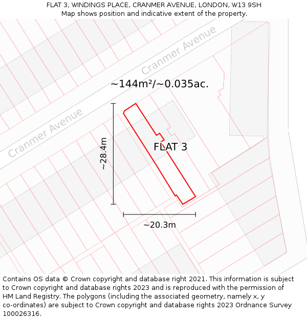 FLAT 3, WINDINGS PLACE, CRANMER AVENUE, LONDON, W13 9SH: Plot and title map