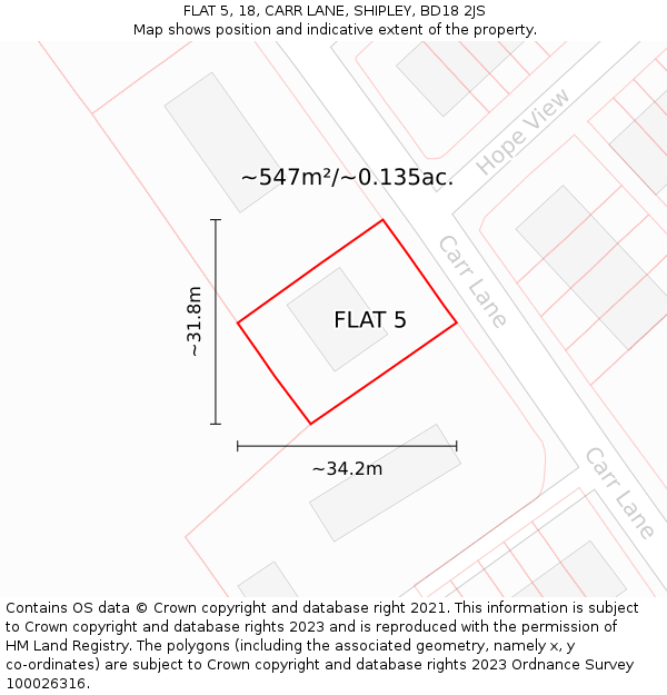 FLAT 5, 18, CARR LANE, SHIPLEY, BD18 2JS: Plot and title map