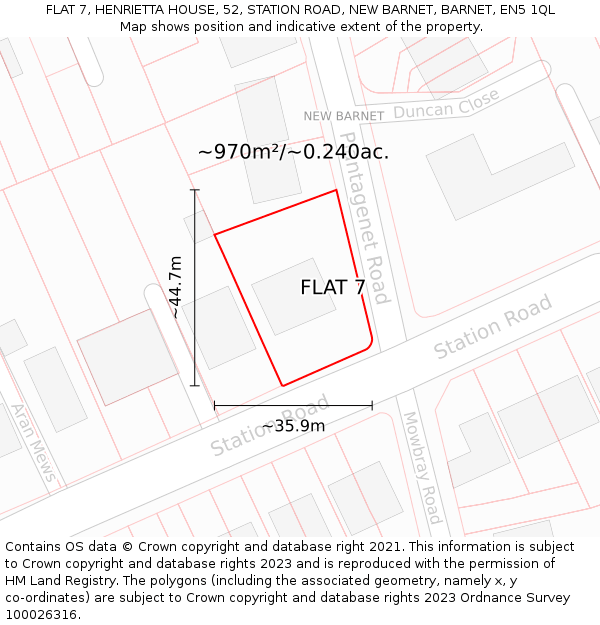 FLAT 7, HENRIETTA HOUSE, 52, STATION ROAD, NEW BARNET, BARNET, EN5 1QL: Plot and title map