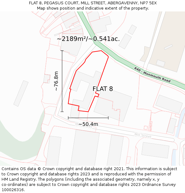 FLAT 8, PEGASUS COURT, MILL STREET, ABERGAVENNY, NP7 5EX: Plot and title map