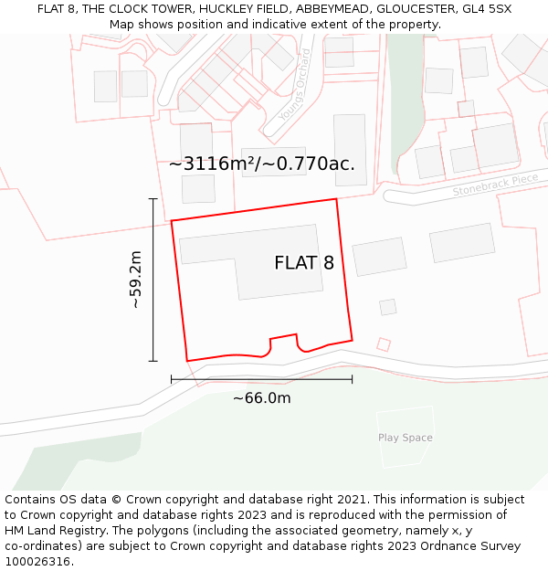 FLAT 8, THE CLOCK TOWER, HUCKLEY FIELD, ABBEYMEAD, GLOUCESTER, GL4 5SX: Plot and title map