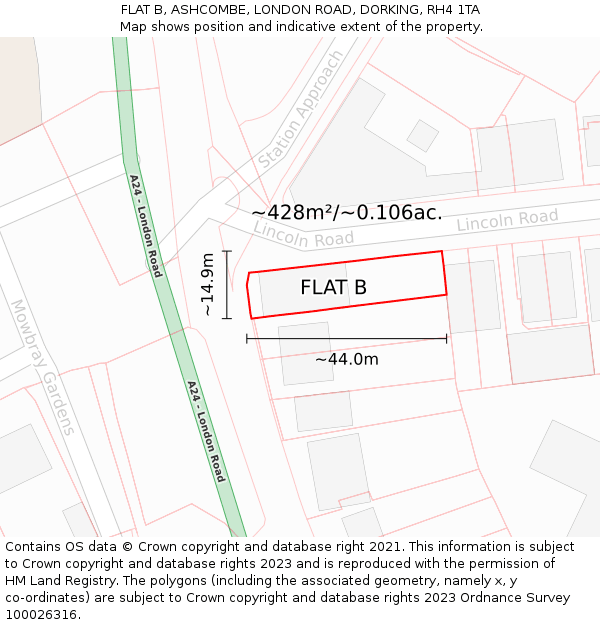 FLAT B, ASHCOMBE, LONDON ROAD, DORKING, RH4 1TA: Plot and title map
