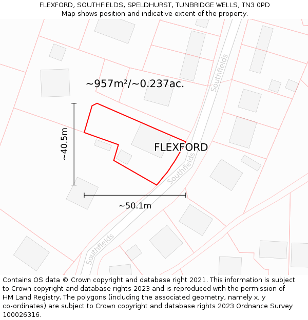 FLEXFORD, SOUTHFIELDS, SPELDHURST, TUNBRIDGE WELLS, TN3 0PD: Plot and title map
