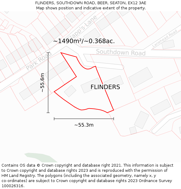 FLINDERS, SOUTHDOWN ROAD, BEER, SEATON, EX12 3AE: Plot and title map