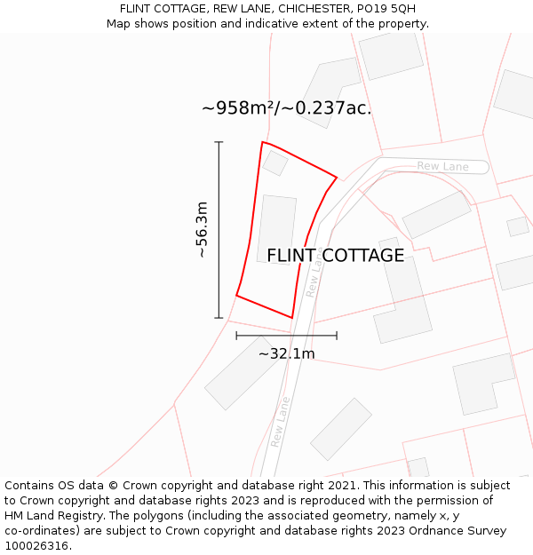 FLINT COTTAGE, REW LANE, CHICHESTER, PO19 5QH: Plot and title map