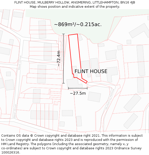 FLINT HOUSE, MULBERRY HOLLOW, ANGMERING, LITTLEHAMPTON, BN16 4JB: Plot and title map