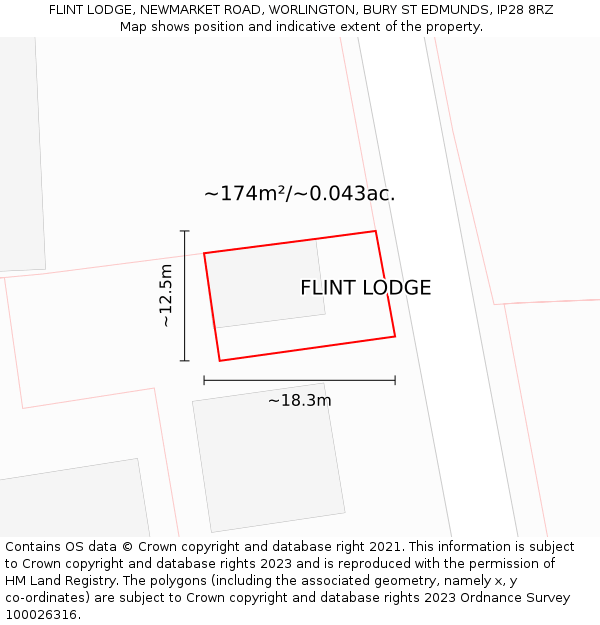 FLINT LODGE, NEWMARKET ROAD, WORLINGTON, BURY ST EDMUNDS, IP28 8RZ: Plot and title map