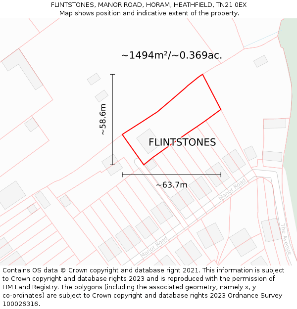 FLINTSTONES, MANOR ROAD, HORAM, HEATHFIELD, TN21 0EX: Plot and title map