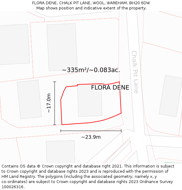 FLORA DENE, CHALK PIT LANE, WOOL, WAREHAM, BH20 6DW: Plot and title map