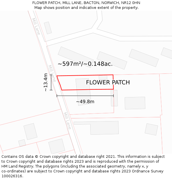 FLOWER PATCH, MILL LANE, BACTON, NORWICH, NR12 0HN: Plot and title map