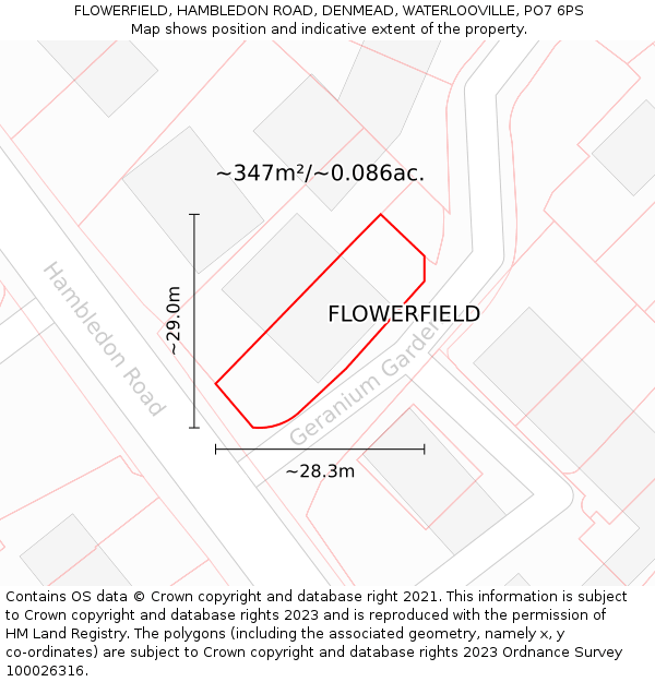 FLOWERFIELD, HAMBLEDON ROAD, DENMEAD, WATERLOOVILLE, PO7 6PS: Plot and title map