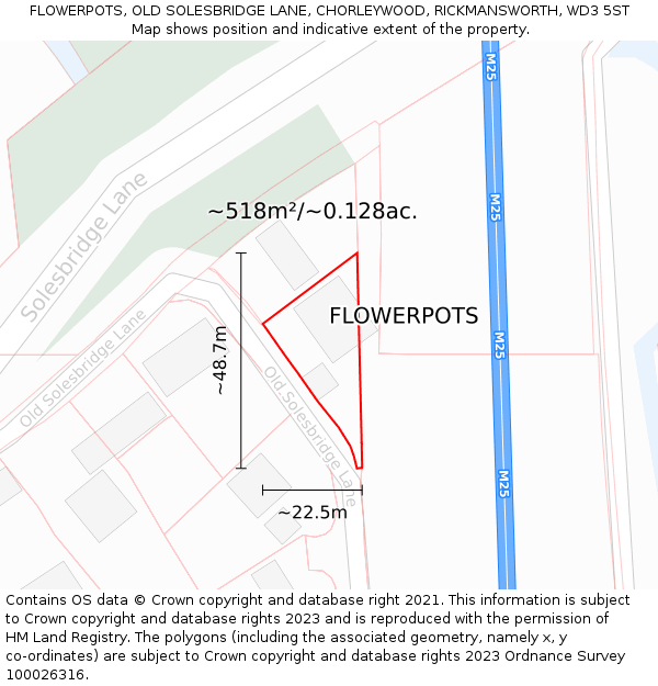 FLOWERPOTS, OLD SOLESBRIDGE LANE, CHORLEYWOOD, RICKMANSWORTH, WD3 5ST: Plot and title map