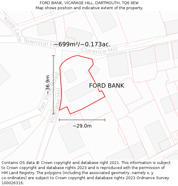 FORD BANK, VICARAGE HILL, DARTMOUTH, TQ6 9EW: Plot and title map