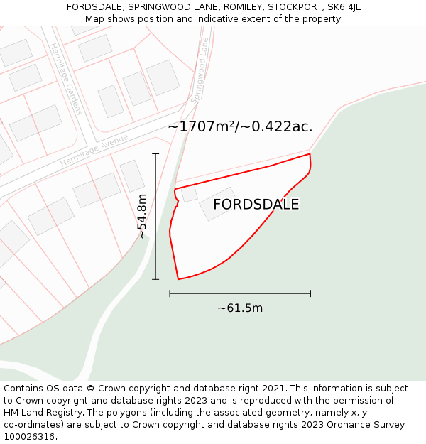FORDSDALE, SPRINGWOOD LANE, ROMILEY, STOCKPORT, SK6 4JL: Plot and title map