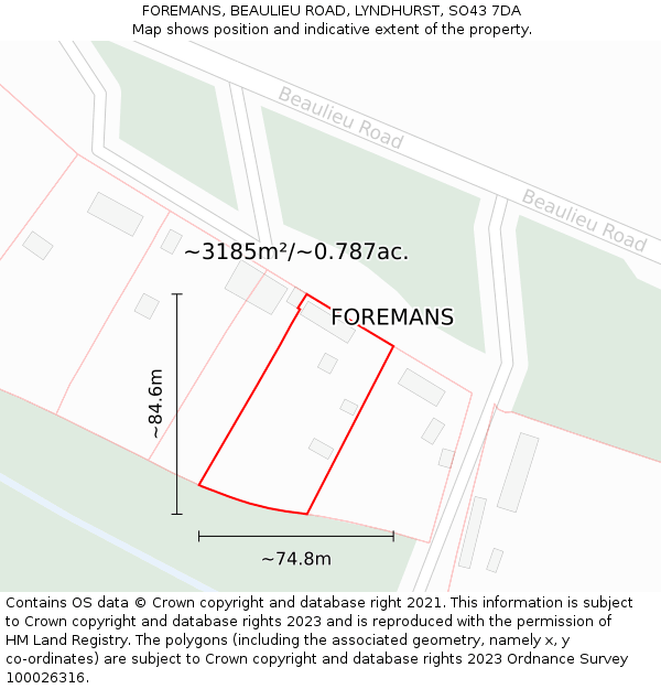 FOREMANS, BEAULIEU ROAD, LYNDHURST, SO43 7DA: Plot and title map