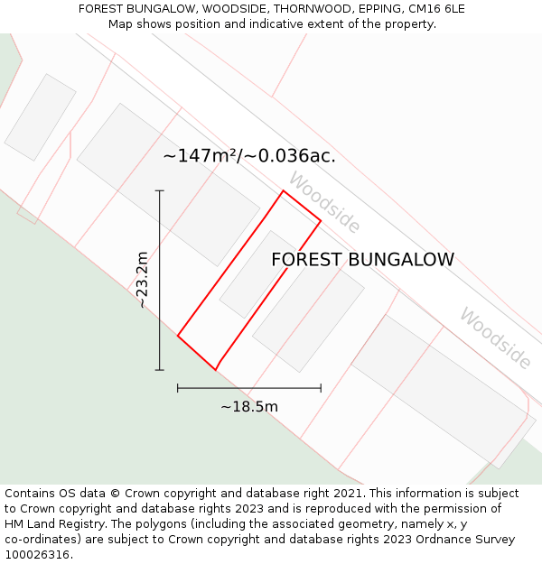 FOREST BUNGALOW, WOODSIDE, THORNWOOD, EPPING, CM16 6LE: Plot and title map