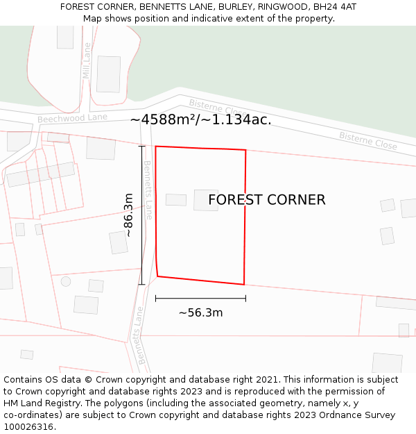 FOREST CORNER, BENNETTS LANE, BURLEY, RINGWOOD, BH24 4AT: Plot and title map