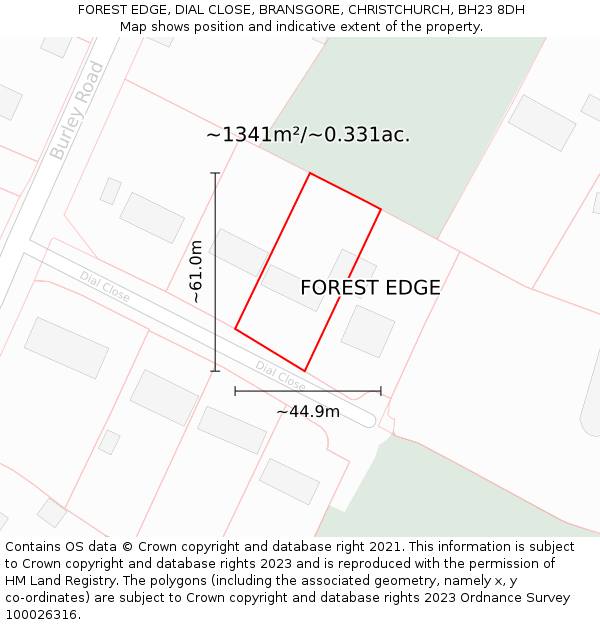 FOREST EDGE, DIAL CLOSE, BRANSGORE, CHRISTCHURCH, BH23 8DH: Plot and title map