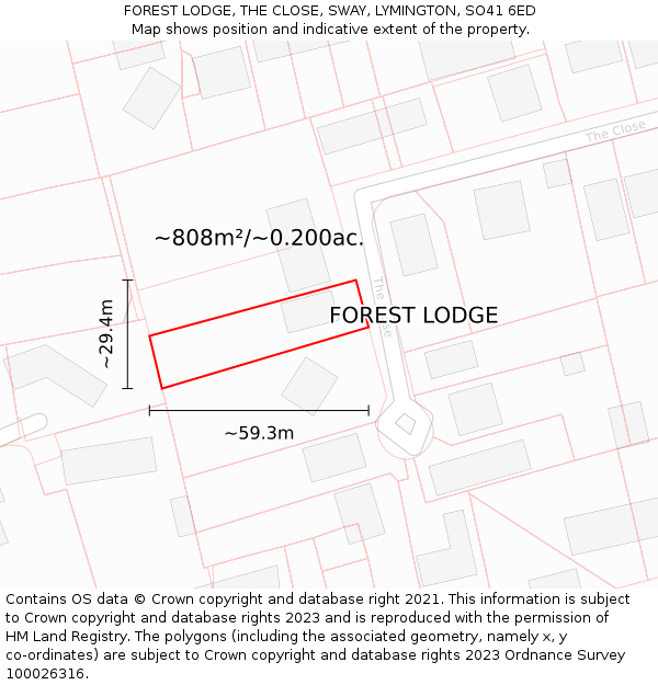 FOREST LODGE, THE CLOSE, SWAY, LYMINGTON, SO41 6ED: Plot and title map