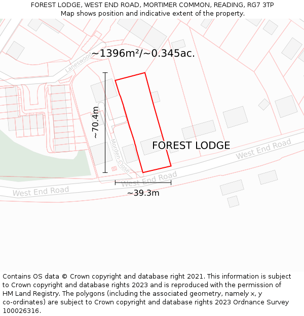 FOREST LODGE, WEST END ROAD, MORTIMER COMMON, READING, RG7 3TP: Plot and title map